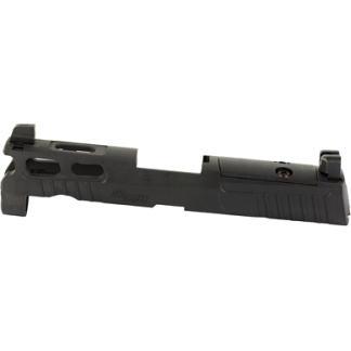 Left-side view of a black pistol slide from a semi-automatic handgun.