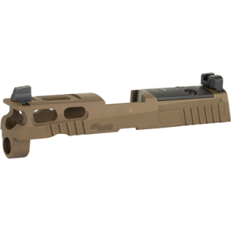 Tan pistol slide with front and rear sights, shown in side profile