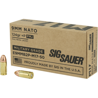 Box of SIG SAUER 9mm NATO ammo with two copper bullets beside it.