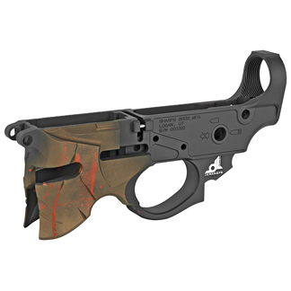 Side view of a firearm lower receiver with a camouflage grip and skeleton stock.