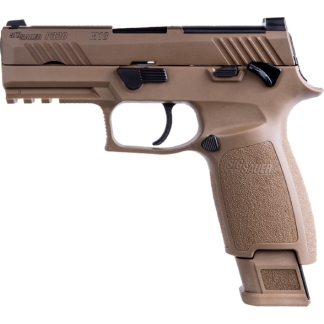 Side-view of a tan Sig Sauer P320 semi-automatic pistol with a detachable magazine in a desert-tan frame.