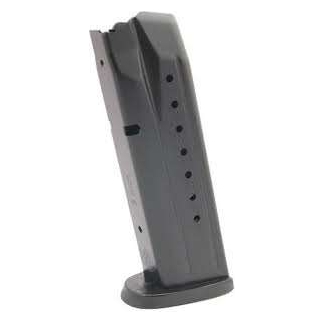 Side view of a pistol magazine with a rounded base plate, used to feed bullets into a semi-automatic handgun.