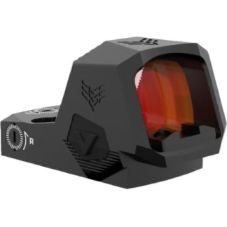 Compact black red-dot sight with an orange-tinted lens for firearms.