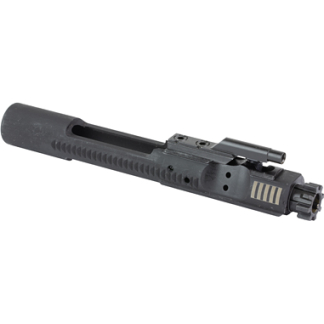 Black airsoft gun bolt carrier/receiver component with side battery contacts and top mounting rail, viewed from the side