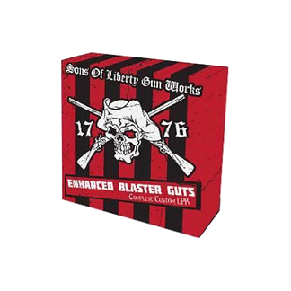 Red box packaging for 'Sons of Liberty Gun Works' Enhanced Blaster Guts, featuring a skull with crossed pistols logo.