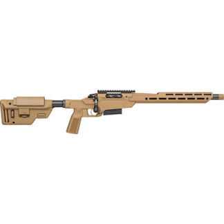 Desert-tan precision rifle with a long handguard, adjustable stock, and detachable magazine.