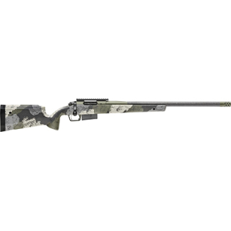 Camouflage-pattern bolt-action rifle with a long barrel, viewed from the side.