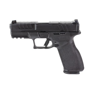 Left-side profile of a black semi-automatic pistol with a textured grip and accessory rail under the barrel side view