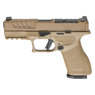 Tan semi-automatic pistol shown in profile with textured grip and accessory rail on top/side surface, left side view.