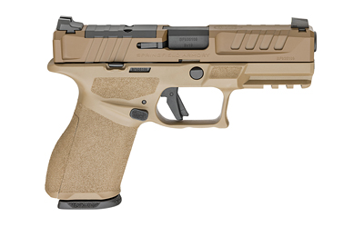 SPEC9409FLC-U_2 | ATFirearms Side view of a tan semi-automatic handgun with a textured grip and accessory rail.