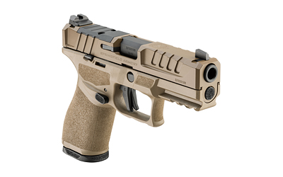 SPEC9409FLC-U_3 | ATFirearms Tan semi-automatic pistol with a textured grip and accessory rail, shown in side profile.