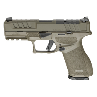 Tan semi-automatic pistol with textured grip and accessory rail, shown in profile