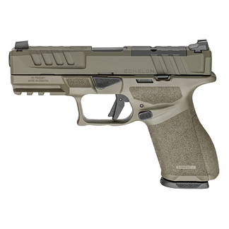 Right-side profile of a tan semi-automatic handgun with a textured grip and accessory rails, shown on a white background.