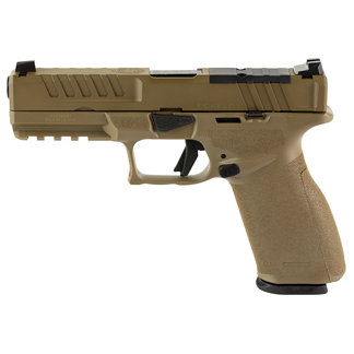 Tan/fde semi-automatic pistol with textured grip and accessory rail, shown in profile from the left