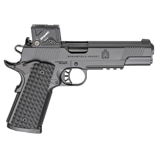Black semi-automatic pistol with a red-dot sight mounted on top and a textured grip, Springfield Armory branding.