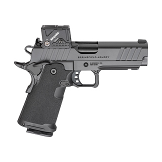 Black semi-automatic pistol with a mounted optic and textured grip from a side view.