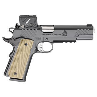Semi-automatic pistol with tan grip panels and mounted red-dot sight (Springfield Armory) seen in profile.
