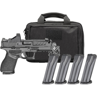 Semi-automatic pistol with multiple magazines laid out in front of a black gear bag.