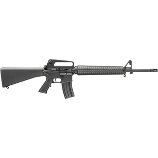 Black AR-15 style rifle with fixed stock, carrying handle, and long barrel laid horizontally.