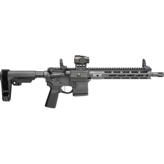 Black AR-style rifle shown in profile with adjustable stock, red-dot sight, and long handguard on a white background