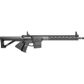 Black modern semi-automatic rifle shown in profile with adjustable stock and long ventilated handguard (quad rail).