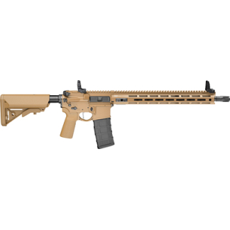 Tan AR-15 style semi-automatic rifle with a detachable magazine and long handguard.