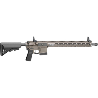 Tan-colored AR-style semiautomatic rifle with collapsible stock and long, ventilated handguard.