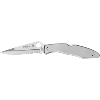 Folding pocket knife with a silver extended blade and gray handle, stamped POLICE on the blade.