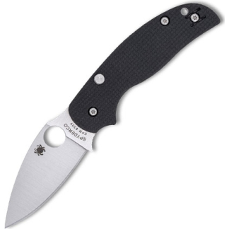 Spyderco folding knife with a black textured handle and a drop-point blade, blade open