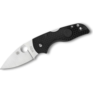 Folding pocket knife with a black textured handle and a silver blade, blade partially opened, Spyderco logo visible near the base.