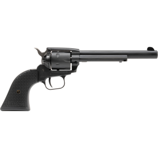 Black revolver pistol in a side view with a textured grip and long barrel pointed to the right against a white background