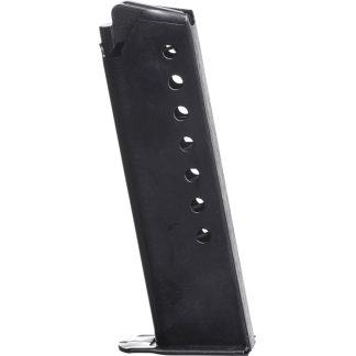 Black pistol magazine with seven circular witness holes, angled upright, showing a flat baseplate.