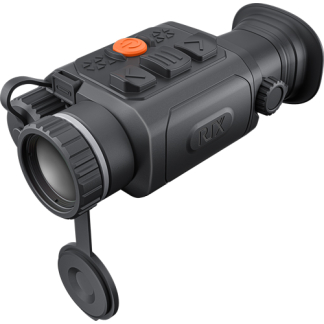 Close-up of a compact black night-vision monocular with an open flip-up lens cover, orange power button, and multiple top control buttons.