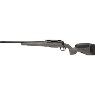 Side view of a bolt-action hunting rifle with a long barrel and adjustable buttstock on a plain background