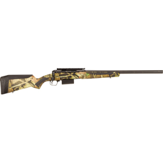 Camouflage-pattern hunting rifle with a long barrel and detachable magazine, shown in profile.