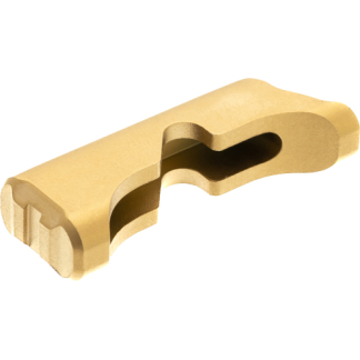 Brass-colored metal component with a curved central slot, likely a clamp or lever in a mechanical assembly.