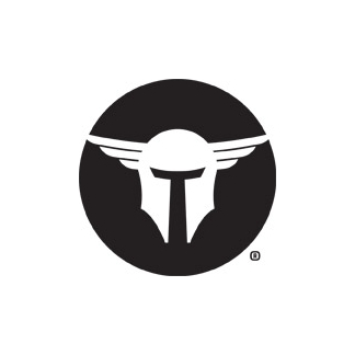 Brand logo: stylized white helmet with outstretched wings inside a black circle.