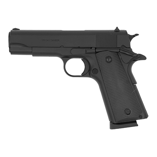 Black semi-automatic pistol shown in profile against a white background, grip textured and trigger visible.