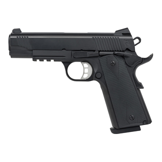 Black semi-automatic pistol shown in profile on a white background.