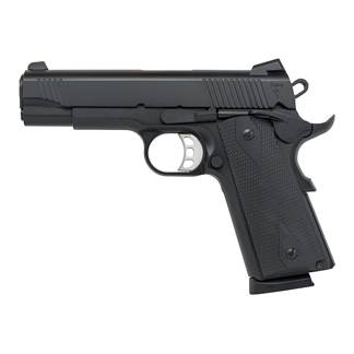 Side view of a black semi-automatic pistol with a textured grip.