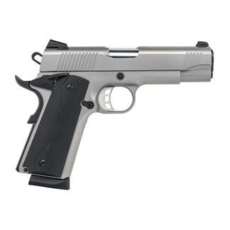 Silver semi-automatic pistol with a black textured grip, shown in right-side profile from the user's left.