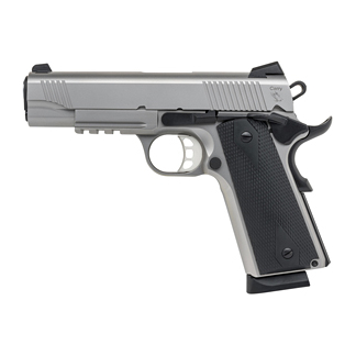 Side view of a silver and black semi-automatic handgun with textured grip and exposed trigger guard against a white background