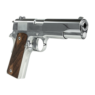 Semi-automatic pistol with chrome finish and wooden grip shown in side view.
