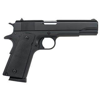 Side view of a black semi-automatic handgun with a textured grip and external hammer.