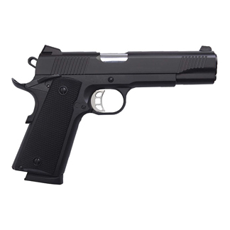 Side view of a black semi-automatic pistol with grip and trigger, shown in profile.