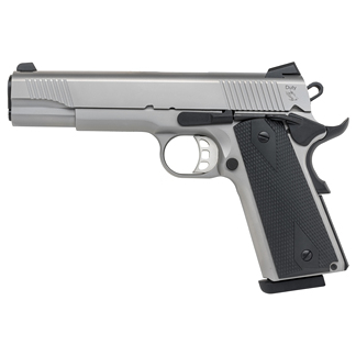 Side view of a silver semi-automatic pistol with a black textured grip, shown from the left.