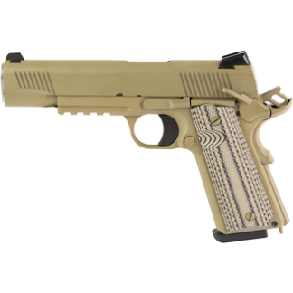 Side view of a tan semi-automatic handgun with a striped patterned grip.