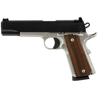 Semi-automatic pistol shown in profile with a black slide, silver frame, and wood-textured grip on a white background.