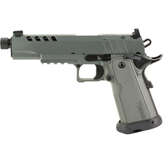 Side view of a gray semi-automatic pistol with a textured grip and accessory rail