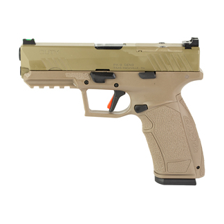 Tan semi-automatic pistol shown in profile with a striker/trigger area and magazine inserted